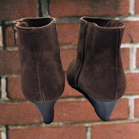 Coach Mahogony Maya Suede Polished Calf Wooden Wedge Heel Ankle Booties - Picture 4 of 8